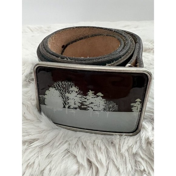 Neves Mens Blue Genuine Leather Large Silver Tone Buckle Belt Forest Theme Sz 28 - Picture 1 of 6